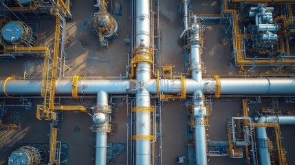 Aerial View of High Pressure Natural Gas Pipeline System with Compressor Stations and Industrial Structures