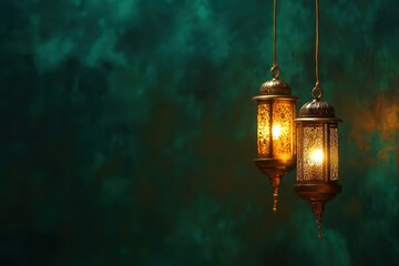 Two ornate golden lanterns hanging against a dark teal textured background with soft lighting