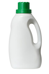 White plastic liquid laundry detergent bottle with green cap isolated on white