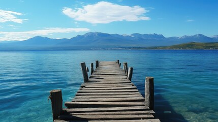 Fototapeta premium Weathered Posts of a Crumbling Pier Extending into the Serene Blue Waters of a Tranquil Lake
