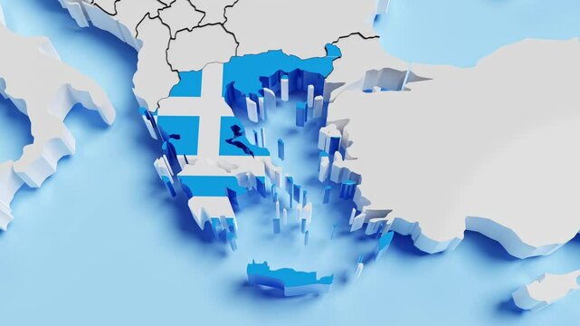 Europe and its countries. Camera panning and zooming in on Greece covered according to official flag. Outlines of other countries.