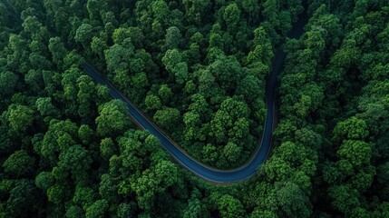 Aerial View Electric Vehicle Driving on Asphalt Road Through Lush Green Forest in Mountain Eco Environment