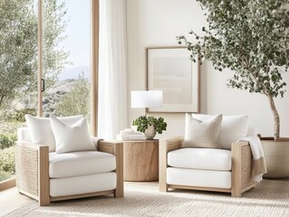 Fototapeta premium Elegant Interior with Wicker Armchairs, Natural Light, and Serene Decor for a Relaxing and Inviting Atmosphere