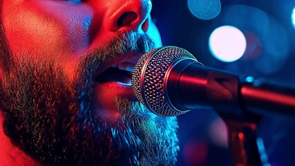 Close-up of a bearded male singer passionately performing on stage with colorful lights illuminating the background. concept of musical performance, emotional expression, and artistic passion. - Powered by Adobe