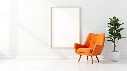 Bright Modern Living Room with Orange Armchair and Empty Frame