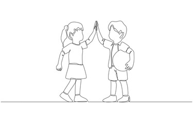 Continuous one line drawing of boy and girl sharing high five, childhood friendship concept, single line art