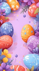 Fototapeta premium Easter Egg Extravaganza: A vibrant display of colorful Easter eggs surrounded by an array of blooming flowers, creating a festive and cheerful composition for the spring season