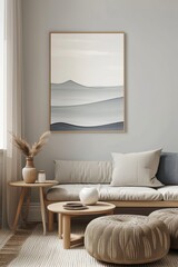 Elegant living room with neutral color palette, featuring minimalist artwork, comfortable sofa, wooden tables, and a cozy rug for a serene ambiance