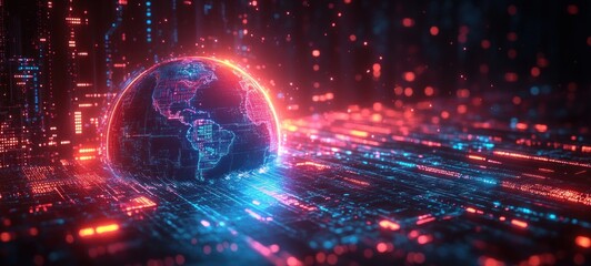 Futuristic Earth with Abstract Circuits and Neon Colors in Cyberpunk Style