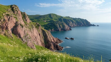 Coastal Cliffs and Ocean Vista: Lush Green Vegetation and Red Rock Formations