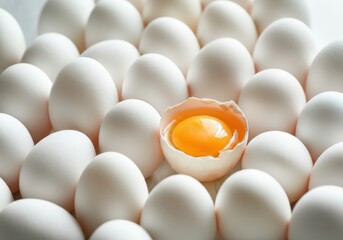 Fresh white eggs with one cracked open revealing a bright yellow yolk