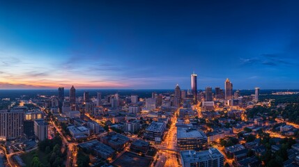 Obraz premium Elevated panoramic cityscape view at dusk showing illuminated buildings