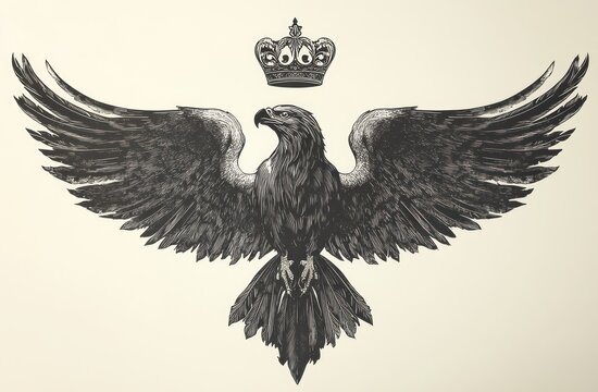 Crowned eagle graphic design, wings spread, vintage style, pale background, tattoo art