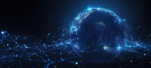 Futuristic Digital Globe with Network Connections and Data Visualization in Deep Space Background