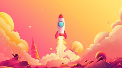 Fototapeta premium Minimalistic Space Rocket Ship Taking Off Illustration with Clean Lines and Simple Background