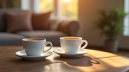 Cozy Morning Coffee Scene with Two White Cups in Bright Room