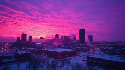 Fototapeta premium Edmonton Twilight: A Stunning Downtown Skyline Illuminated by Sunset and Evening Lights in Alberta