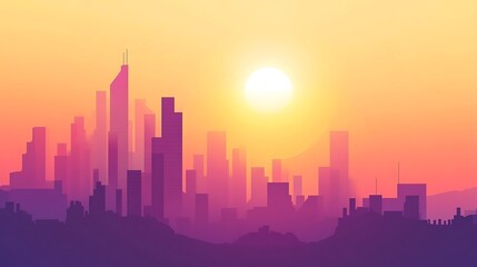 Naklejka premium A stylized cityscape silhouette is under a vibrant setting sun