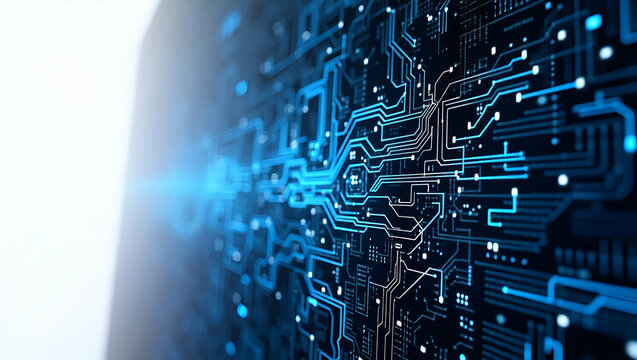 Innovative Techno Circuits Tile Pattern: Merging Linear Electronic Pathways with Geometric Circuit Arrays in Contemporary Digital Art - Isolated White Balance and Empty Space for Photo Stock Concept