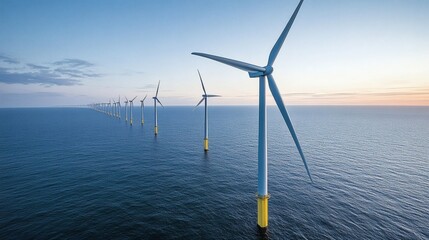 Offshore wind turbines generating renewable energy over the vast ocean water