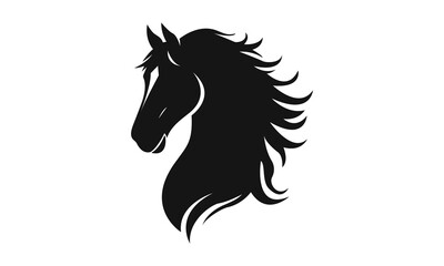 Horse logo template. Black and white silhouette of a horse head with a graceful mane. Elegant minimalist logo for branding, design and printing