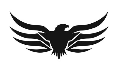 Eagle logo template. Black and white silhouette of an eagle with spread wings. Symmetrical and stylish logo, perfect for branding and emblems