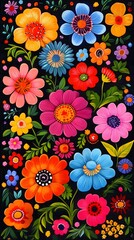 A vibrant and colorful collection of stylized flowers on black