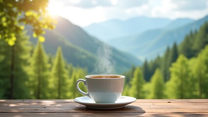 Serene Morning Coffee with Mountain View and Soft Steam Rising