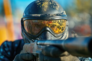 Fototapeta premium Dynamic Paintball Gun Action â€“ Extreme Fun and Recreation for Thrill-Seeking Guys