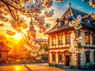 Spring Warm Tones Picturesque Architectural Setting - Stock Photo