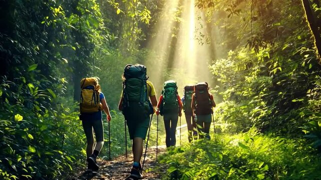 This video captures a group of hikers trekking through a vibrant forest. The sunlight filters through the trees, creating an inviting atmosphere. Perfect for adventure themes. Generative AI