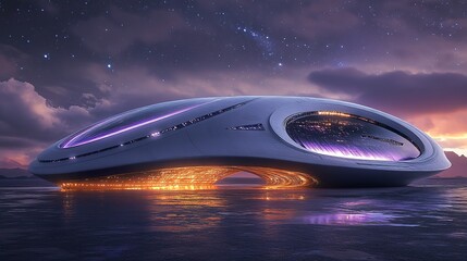 Obraz premium Futuristic spacecraft is floating above the reflective water surface below