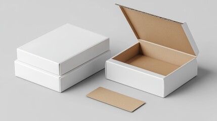 Elegant presentation boxes, two stacked, one partially open to display the inner cardboard texture, alongside a small card on a gray surface.