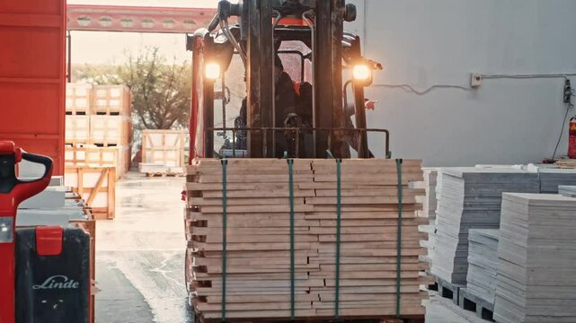 Forklift transporting stone slabs. Marble panels are carefully moved as part of the logistics process.
