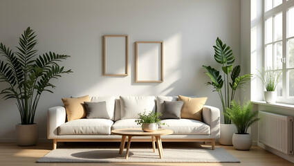 The living room is decorated with furniture small plant pots and picture frames creating cozy and stylish home environment concept as Cozy living room decorated with furniture small plant pots and pic