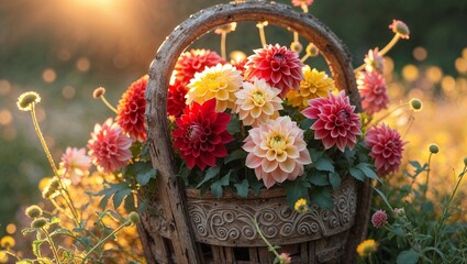 Colorful dahlias in carved wooden basket at sunset © Tondo