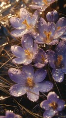 Purple crocus flowers with water drops close-up