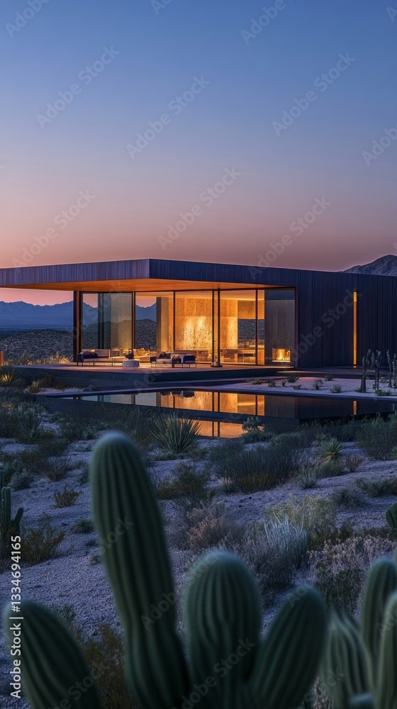 Aufkleber a modern house stands proudly in a tranquil desert setting, illuminated by warm evening light. surro