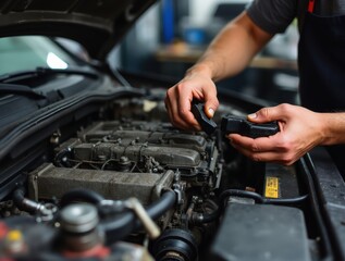 Fototapeta premium Mechanic repairing car engine holding a spare part in his greasy hands