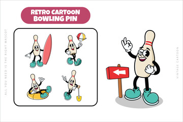 Set of Traditional Bowling Pin Cartoon Illustration with Varied Poses and Expressions