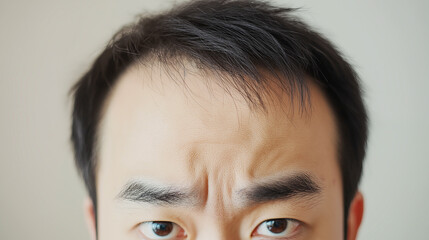 眉間にシワを寄せる若い男性の真剣な表情