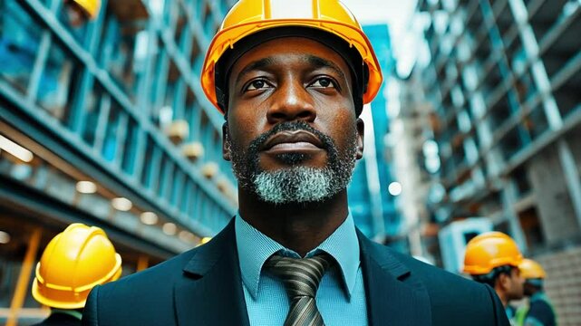 An experienced Black civil engineer in a professional suit and safety helmet observes a high-rise building project. concept of construction management, urban expansion, and architectural innovation.