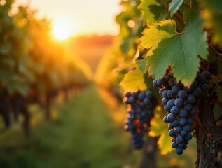 Fototapeta premium Ripe grapes hanging in vineyard at sunset, tuscany, italy