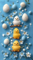 Obraz premium Easter Eggs and Chicks: A charming Easter still life with vibrant pastel colors, featuring adorable chicks, speckled eggs, and delicate spring flowers.