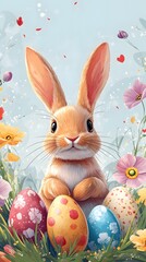 Obraz premium Easter Bunny with Colorful Eggs: A charming Easter bunny is surrounded by vibrantly decorated Easter eggs nestled amongst colorful flowers and lush greenery.