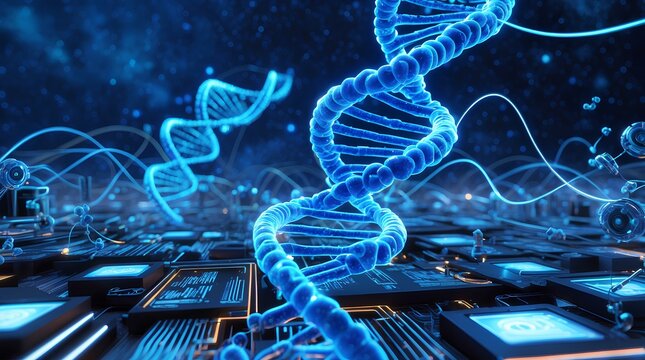 Genetic Revolution – 3D DNA helices surrounded by digital interfaces and molecular structures. Bright neon accents on a deep blue background. - Powered by Adobe