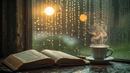 Open book and coffee cup on rainy windowsill