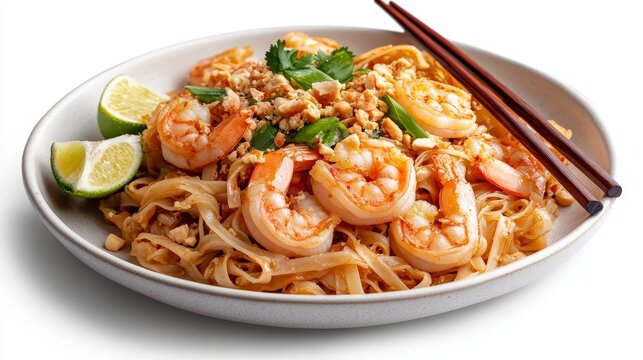 Delicious shrimp pad thai a famous thai food delight culinary experience cozy setting close-up view