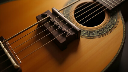 Traditional wooden folk guitar music art acoustic music instrument part of classic folk guitar. concept as Traditional wooden folk guitar music art acoustic music instrument showcasing classic folk gu