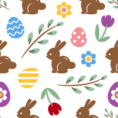 Easter seamless pattern with cute rabbits, eggs, flowers, willow sprigs on a white background. Lovely Easter background with chocolate bunnies in pastel colors for textiles, wrapping paper, wallpaper